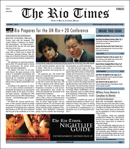 Front page of the April 2012 issue of The Rio Times Print edition. Front page of the April 2012 issue of The Rio Times Print edition.