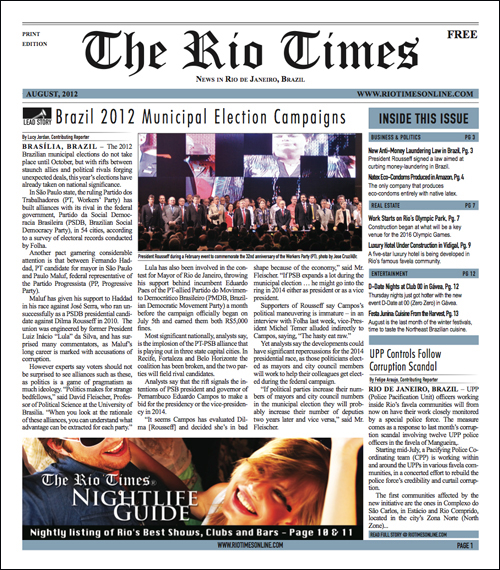 Front page of the August 2012 issue of The Rio Times Print edition. Front page of the August 2012 issue of The Rio Times Print edition.