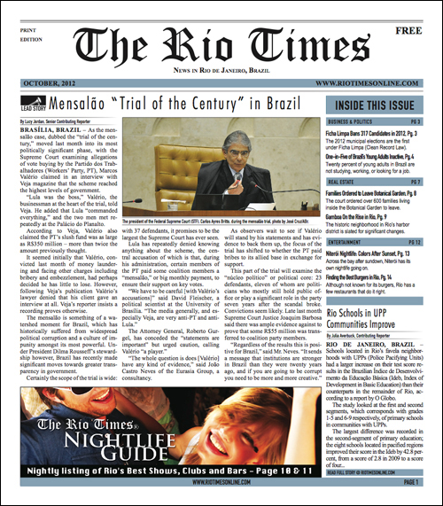 Front page of the October 2012 issue of The Rio Times Print edition. Front page of the October 2012 issue of The Rio Times Print edition.