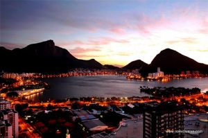 A Panormaic view of Lagoa lit up against a dusky evening sky. Rio de Janeiro, Brazil, News