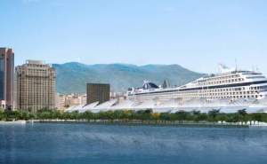 A simulation of how the new Museum of Tomorrow will look overshadowed by a large cruse ship in Rio's Port Zone